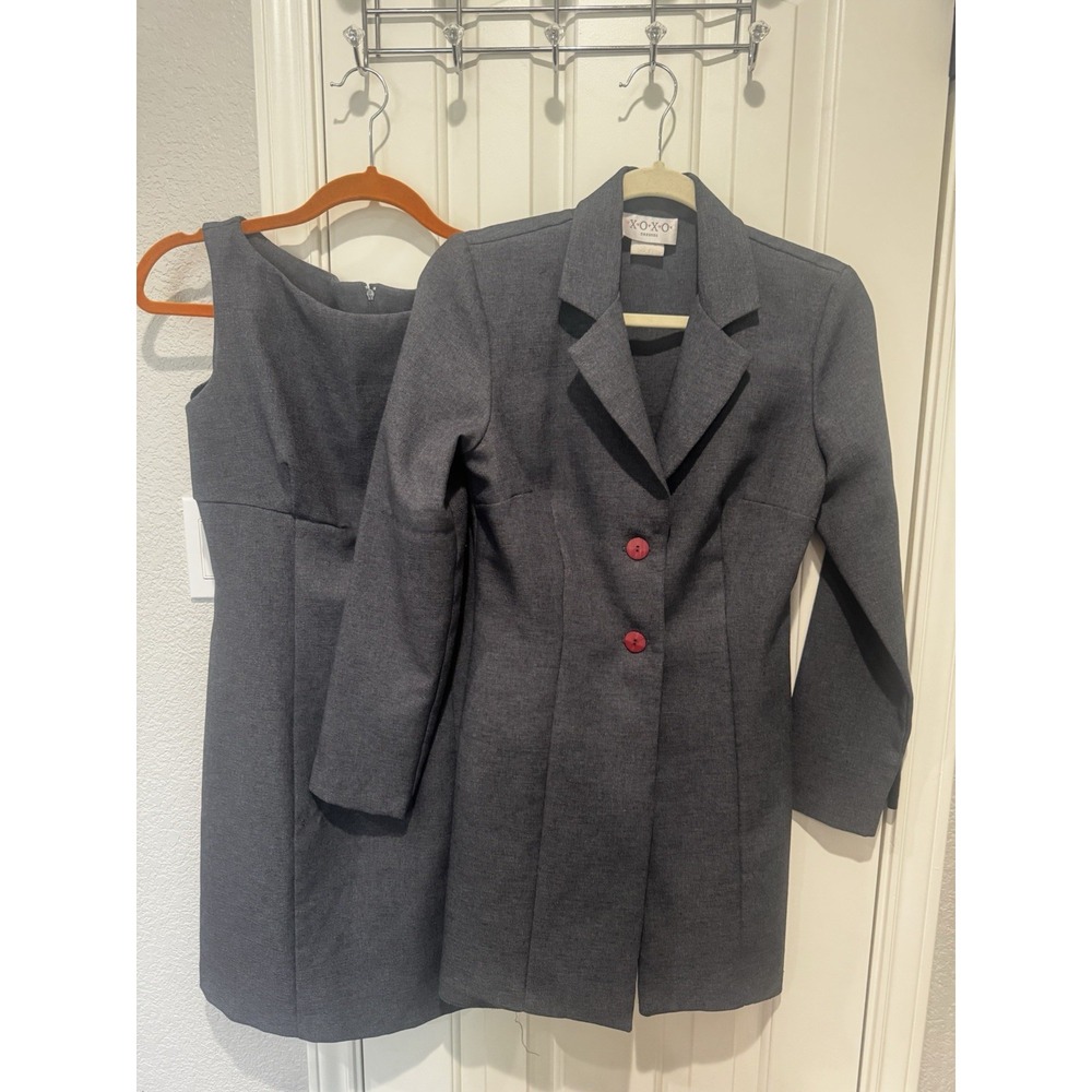 Y2K Dress Suit Set Gray Office Wear Retro Long Jacket Small Mini